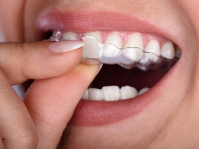 Close-up,Of,A,Woman's,Hand,Putting,Transparent,Aligner,In,Teeth